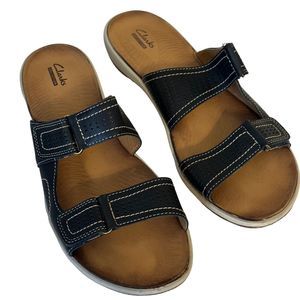 Clarks Womens Sandals Black Leather Open Toe Buckle Strap Slip On Sz 11.5